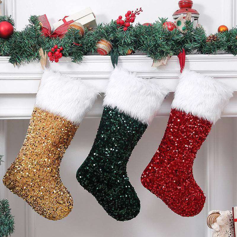 3 Pcs Christmas Stockings Set Sequin Plush Xmas Gift Socks Ornaments Home Decor