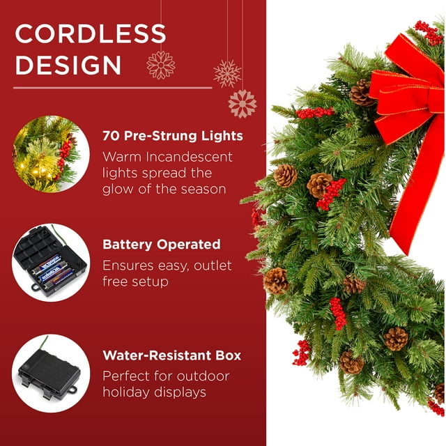 24 Inch Christmas Wreath | Pre-Lit Battery Powered Wreath w/ 70 LED Lights & Ribbons