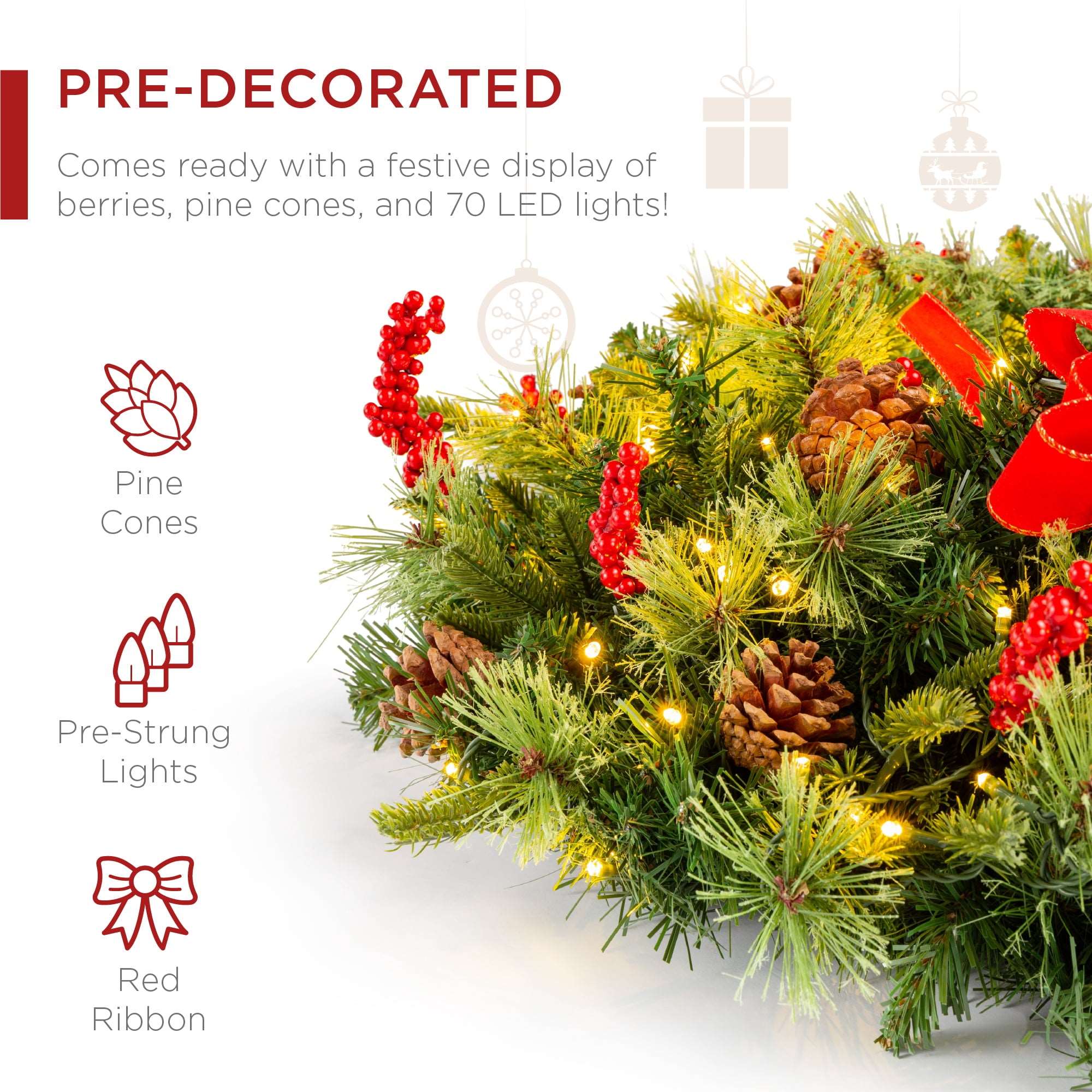24 Inch Christmas Wreath | Pre-Lit Battery Powered Wreath w/ 70 LED Lights & Ribbons