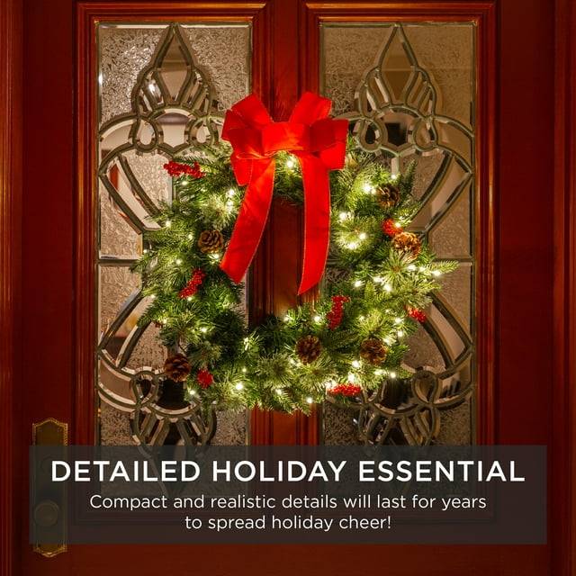 24 Inch Christmas Wreath | Pre-Lit Battery Powered Wreath w/ 70 LED Lights & Ribbons