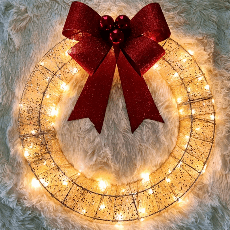 Christmas Garland 50CM LED Luminous Wreath with Bow for Front Door Decor