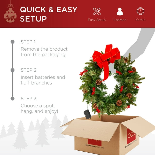 24 Inch Christmas Wreath | Pre-Lit Battery Powered Wreath w/ 70 LED Lights & Ribbons
