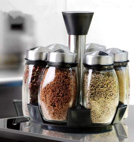 7pcs Condiment Set Glass Pepper Salt Cruet Kitchen Spice Rack Cooking Tools