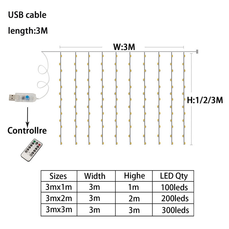 Curtain Lamp 300 LED Copper Wire String Lights with USB and Remote Control