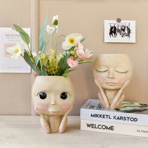 Face Head Design Sculpture Flower Planter Garden Indoor Plant Pot