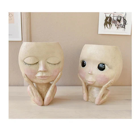 Face Head Design Sculpture Flower Planter Garden Indoor Plant Pot