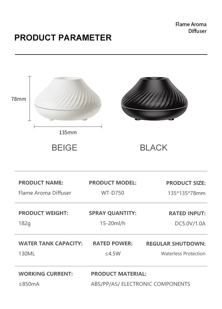 RGB 130ML Flame Aroma Diffuser Ultrasonic Humidifier with LED Flame Effect
