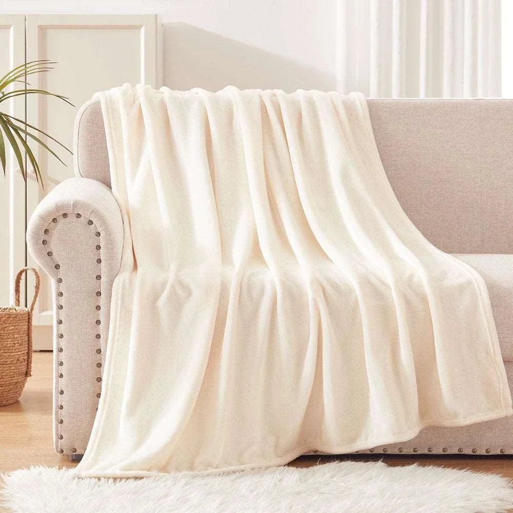 Throw Fleece Bed Covers Blanket for Couch/Bed, Lightweight and Cozy( Ivory )