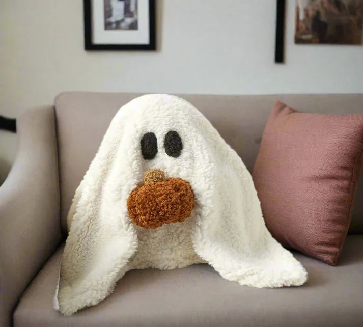 Ghost Pillow Halloween - Cute Plush Ghost Shaped Throw Pillow with Pumpkin | Large