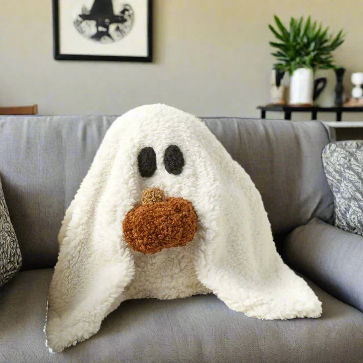 Ghost Pillow Halloween - Cute Plush Ghost Shaped Throw Pillow with Pumpkin | Large