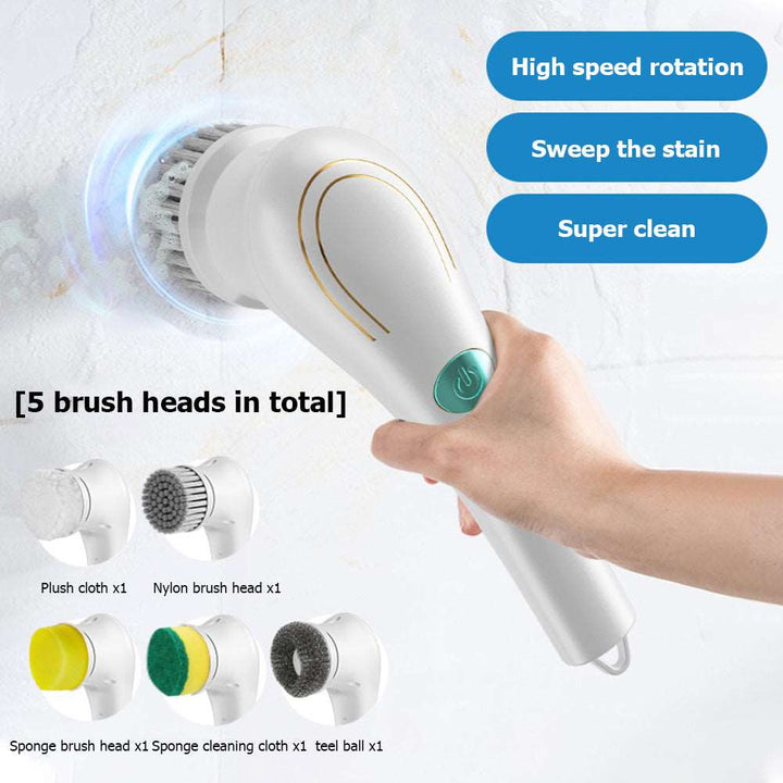 Electric Cleaning Brush with 5 Heads – Handheld Dishwashing & Tile Scrubber