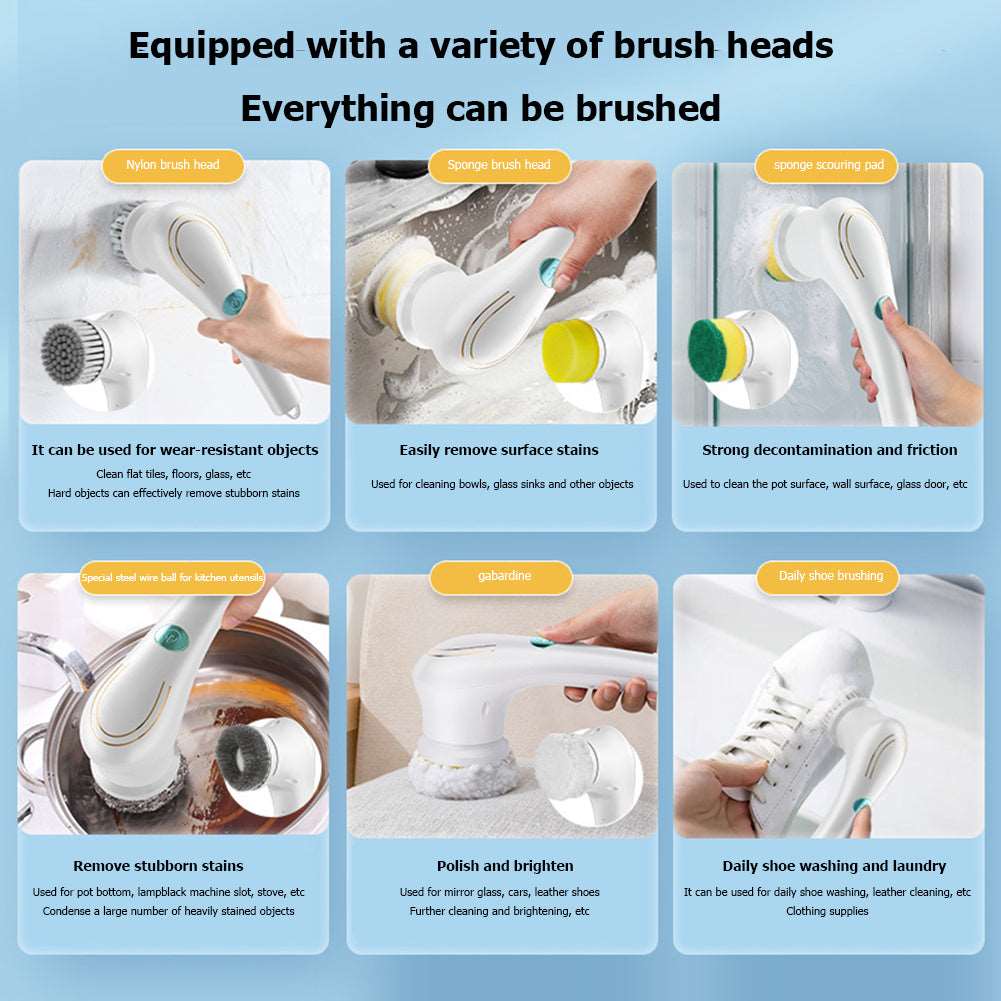 Electric Cleaning Brush with 5 Heads – Handheld Dishwashing & Tile Scrubber