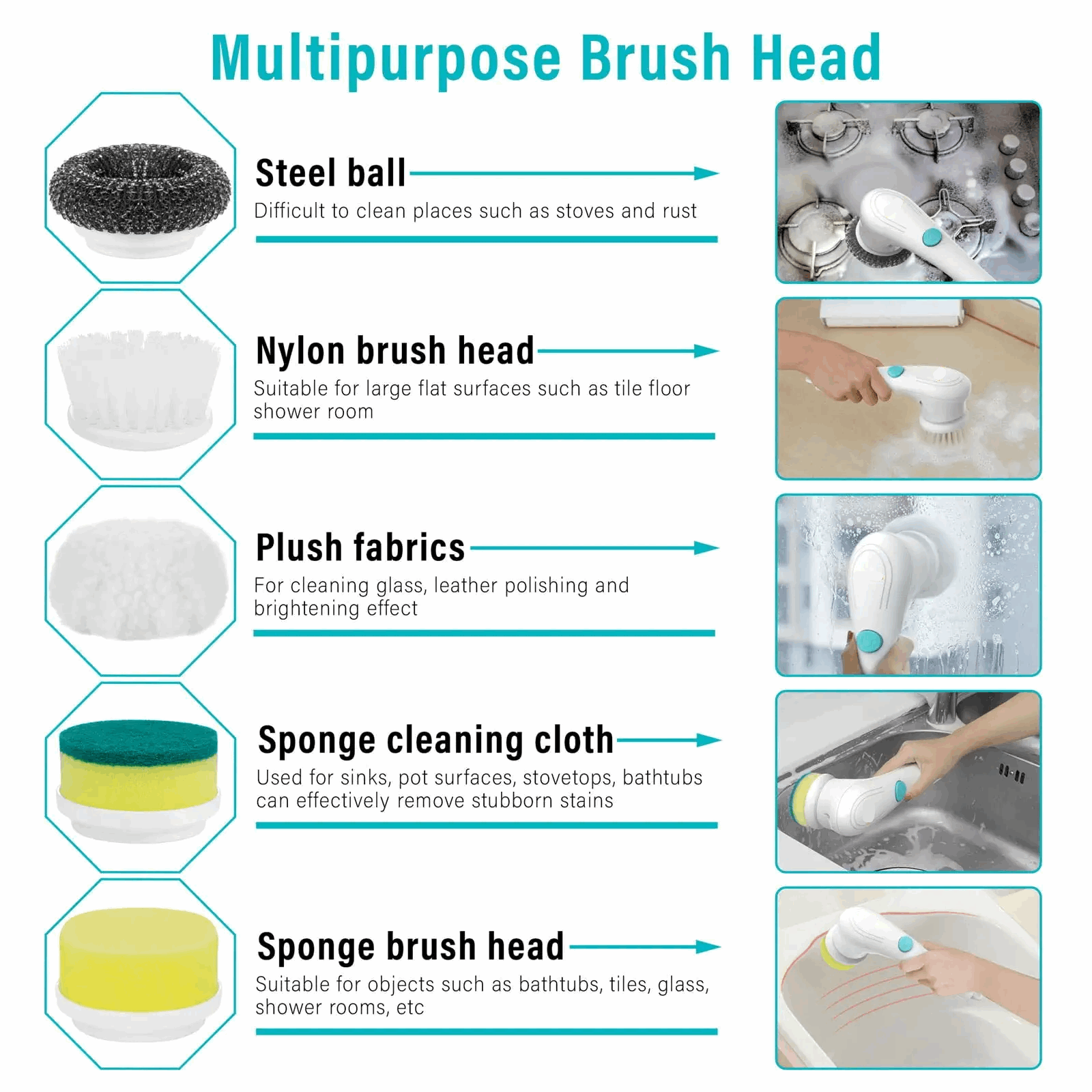 Electric Cleaning Brush with 5 Heads – Handheld Dishwashing & Tile Scrubber