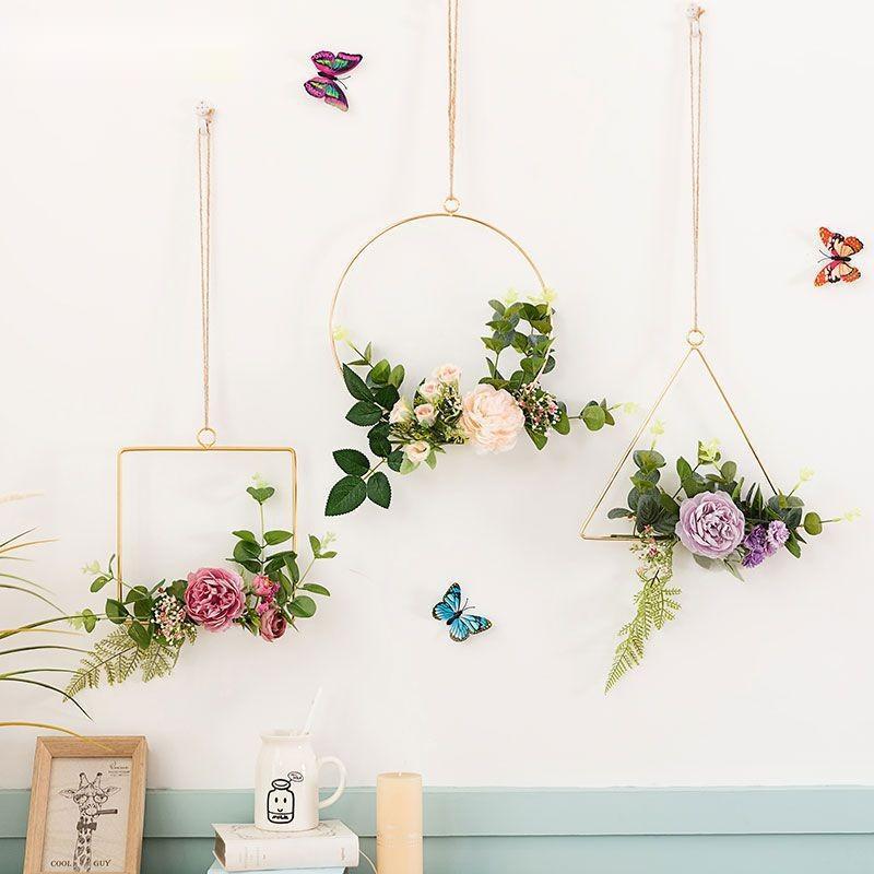 Iron Wall Hanging with Artificial Flowers Interior Wall Art Decoration