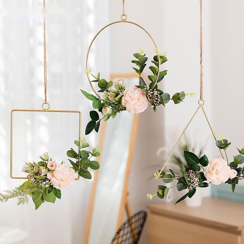 Iron Wall Hanging with Artificial Flowers Interior Wall Art Decoration