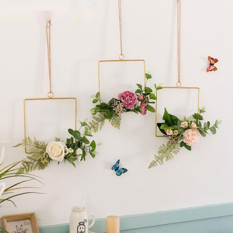 Iron Wall Hanging with Artificial Flowers Interior Wall Art Decoration