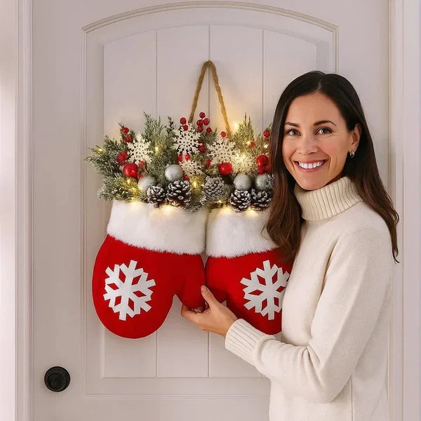 Splendas Twinkling Christmas Mitten Wreath LED Holiday Decor | Front Door & Indoor