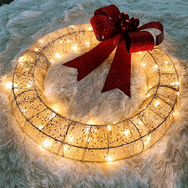 Christmas Garland 50CM LED Luminous Wreath with Bow for Front Door Decor