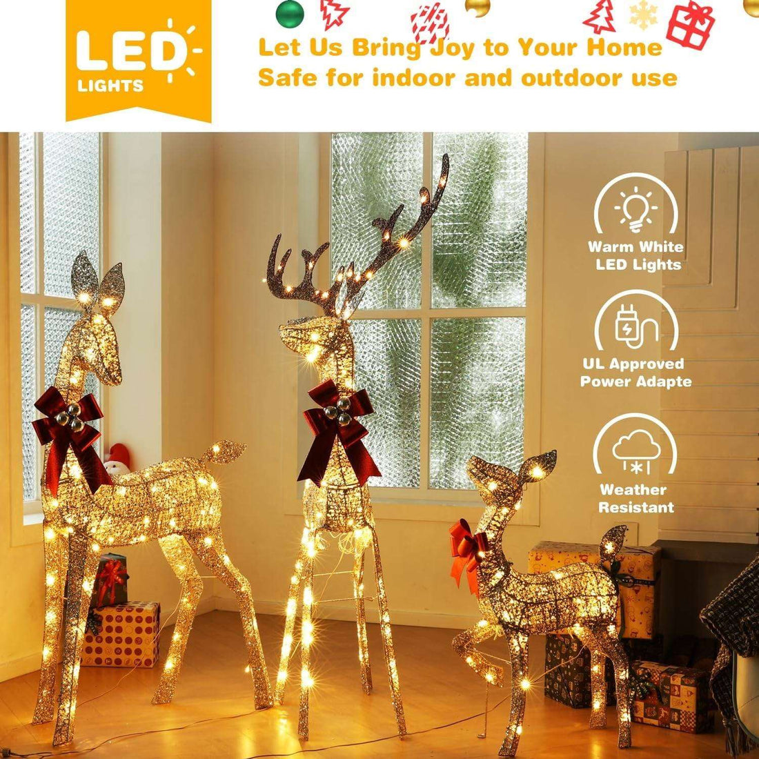 Lighted Christmas Deer Set 3-Piece Outdoor Yard Decor with 210 LED Lights Gold
