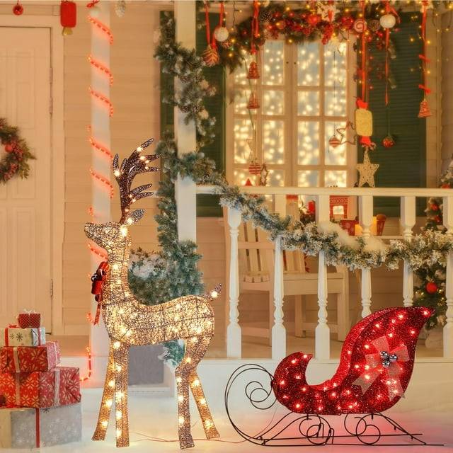Lighted Christmas Deer Set 3-Piece Outdoor Yard Decor with 210 LED Lights Gold