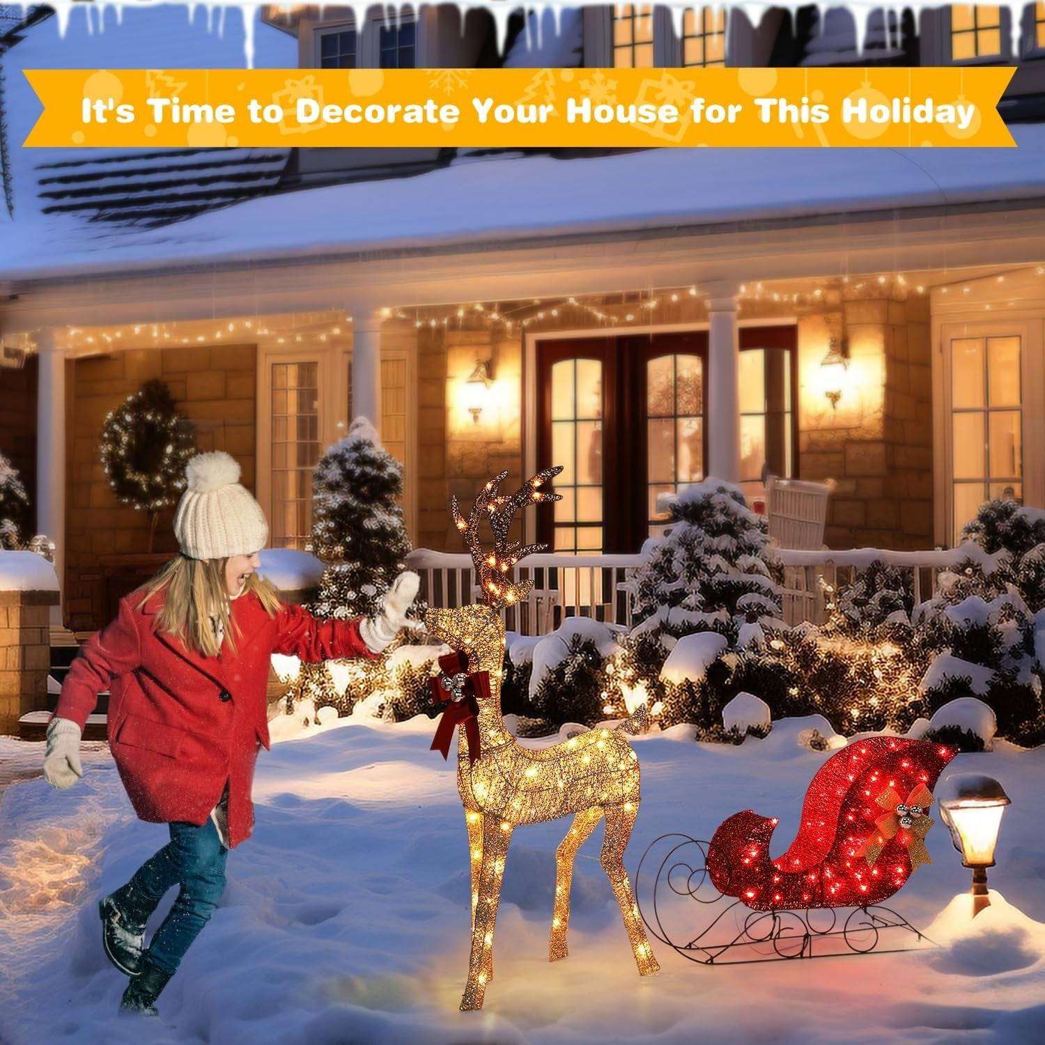 Lighted Christmas Deer Set 3-Piece Outdoor Yard Decor with 210 LED Lights Gold