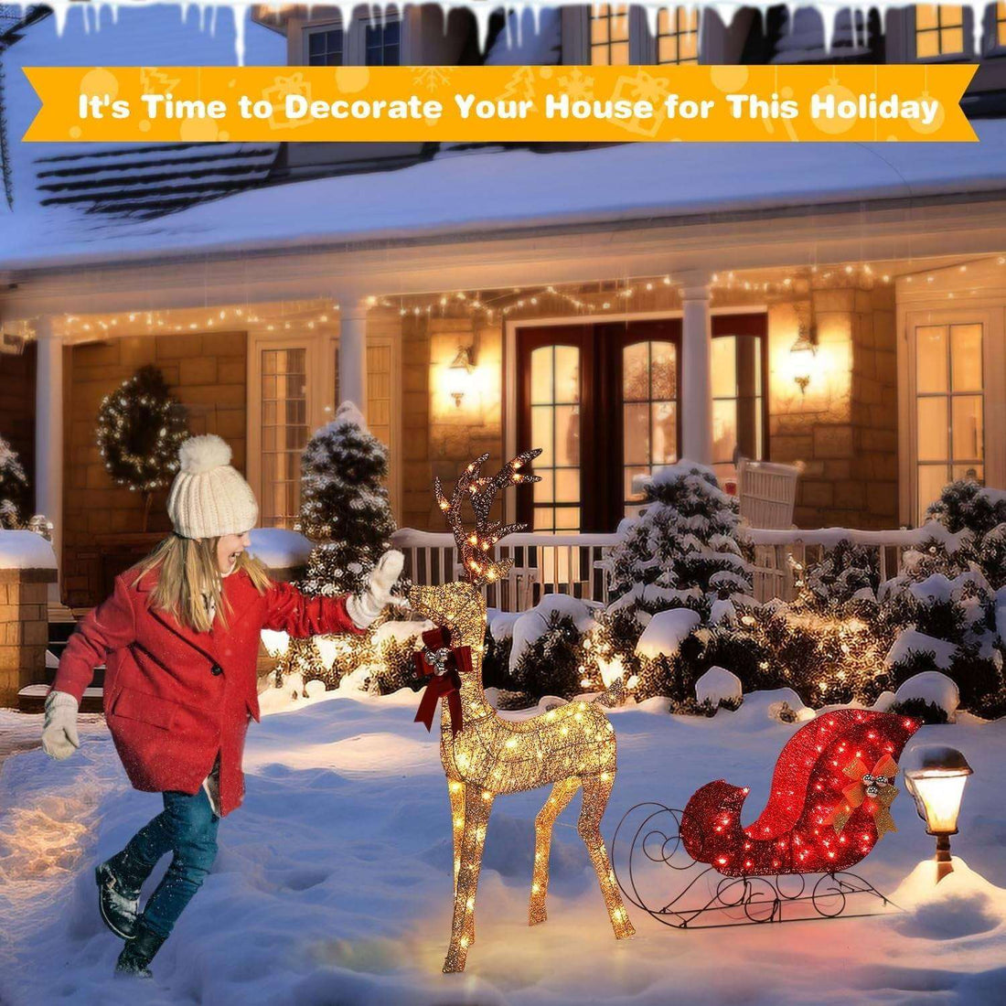 Lighted Christmas Deer Set 3-Piece Outdoor Yard Decor with 210 LED Lights Gold