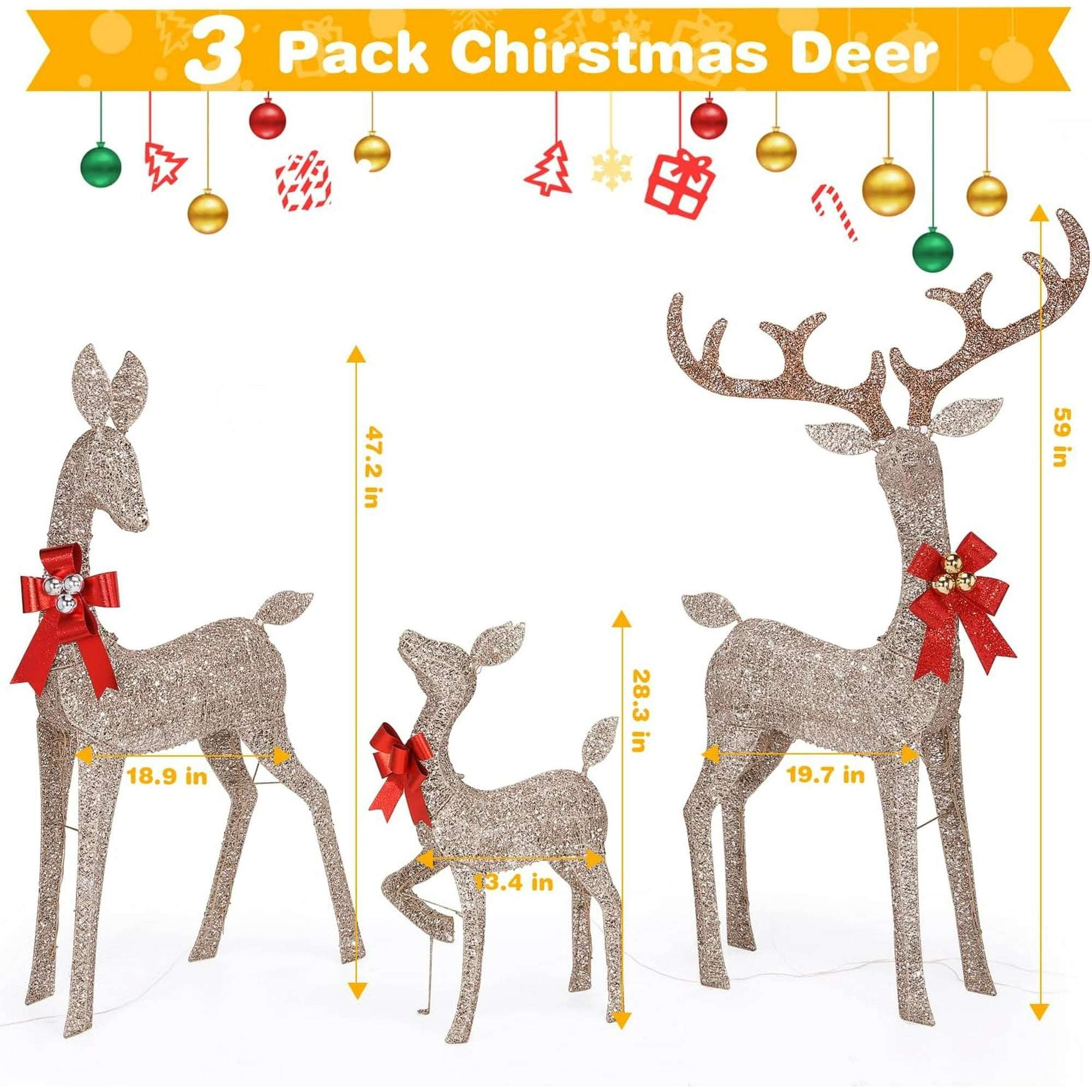 Lighted Christmas Deer Set 3-Piece Outdoor Yard Decor with 210 LED Lights Gold