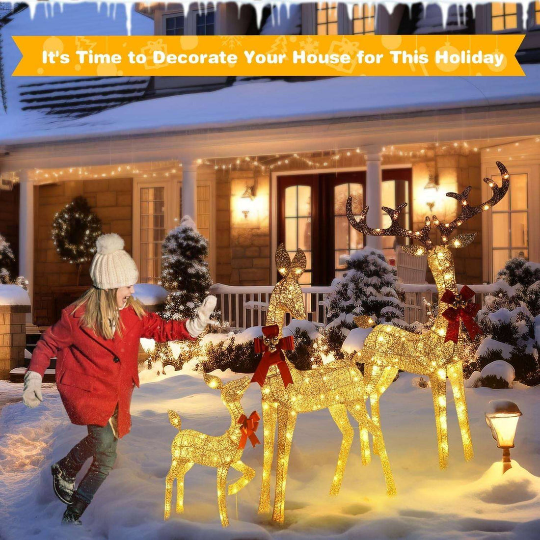 Lighted Christmas Deer Set 3-Piece Outdoor Yard Decor with 210 LED Lights Gold