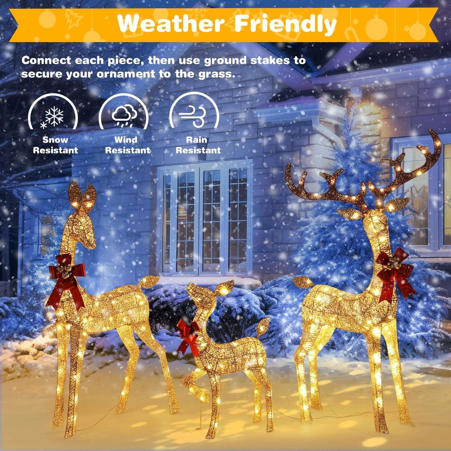 Lighted Christmas Deer Set 3-Piece Outdoor Yard Decor with 210 LED Lights Gold