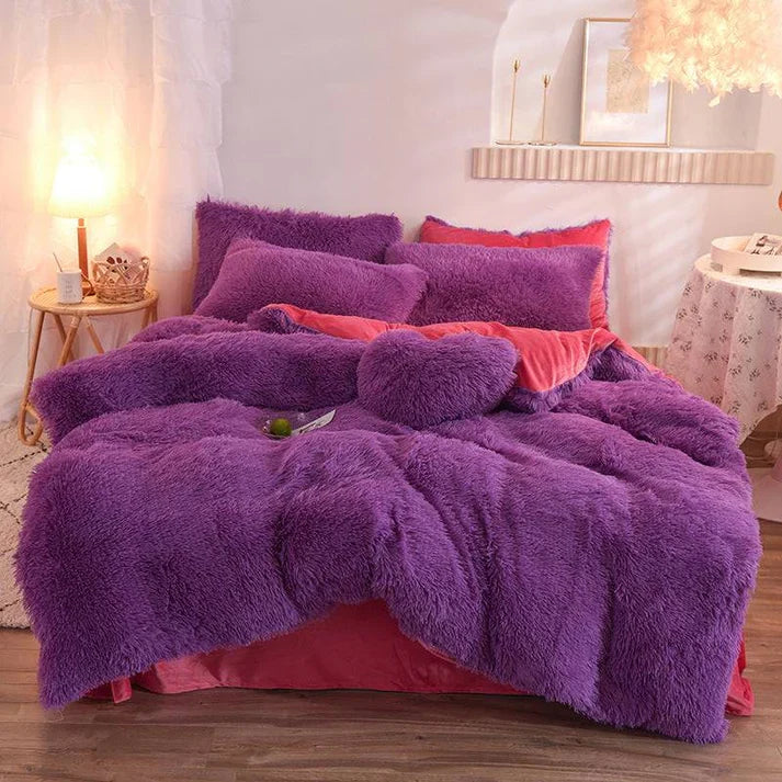 Fluffy Plush Fleece Bedding Set - Duvet Cover with Pillowcases | 13 Colors | Twin Queen King