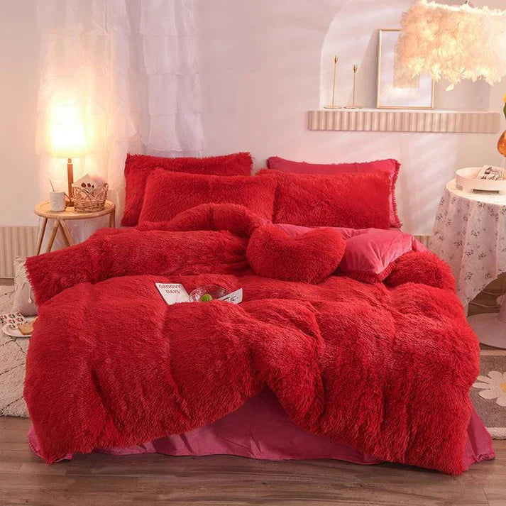 Fluffy Plush Fleece Bedding Set - Duvet Cover with Pillowcases | 13 Colors | Twin Queen King