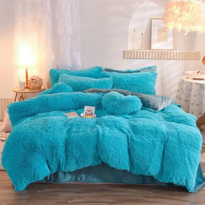 Fluffy Plush Fleece Bedding Set - Duvet Cover with Pillowcases | 13 Colors | Twin Queen King