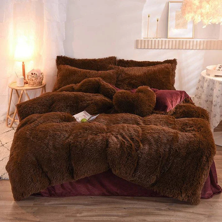 Fluffy Plush Fleece Bedding Set - Duvet Cover with Pillowcases | 13 Colors | Twin Queen King