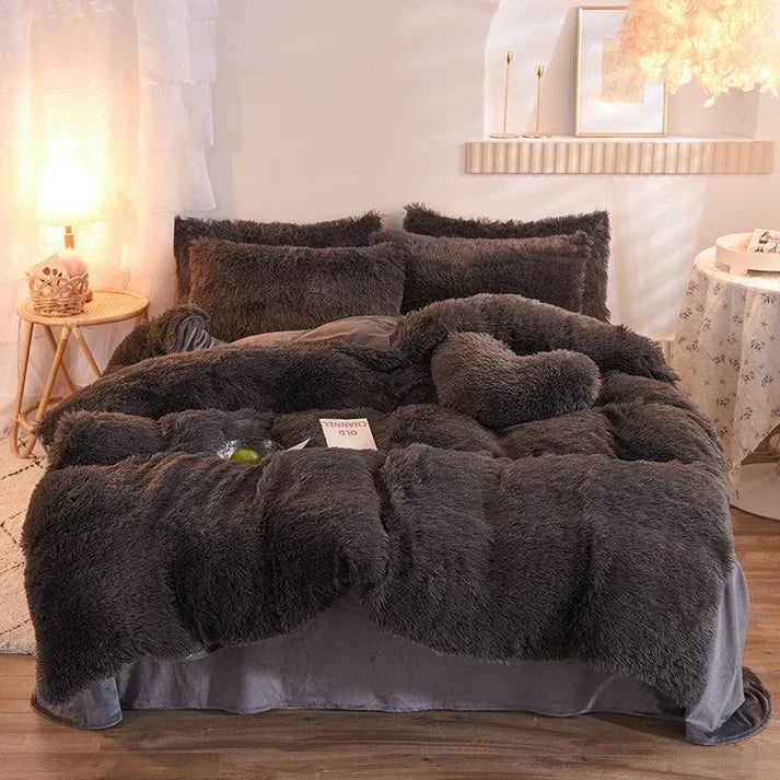 Fluffy Plush Fleece Bedding Set - Duvet Cover with Pillowcases | 13 Colors | Twin Queen King