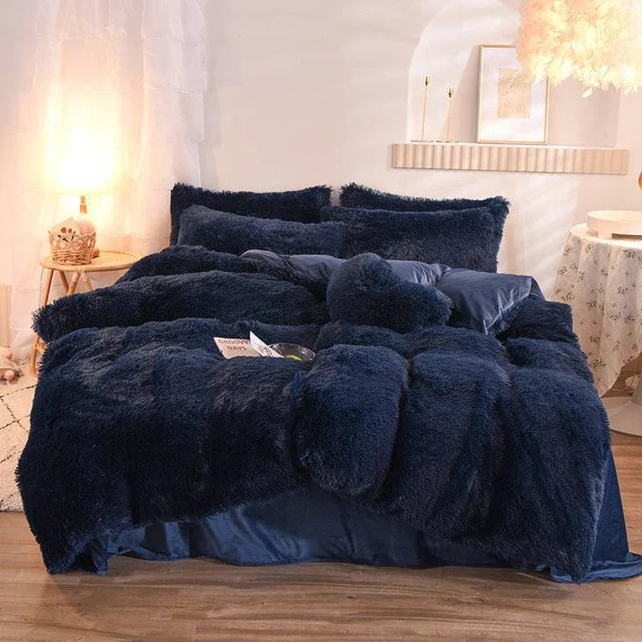 Fluffy Plush Fleece Bedding Set - Duvet Cover with Pillowcases | 13 Colors | Twin Queen King