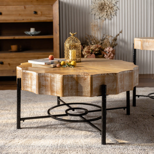 Modern Cedar Coffee Table Set 2 Piece Wooden Living Room Furniture with Metal Legs