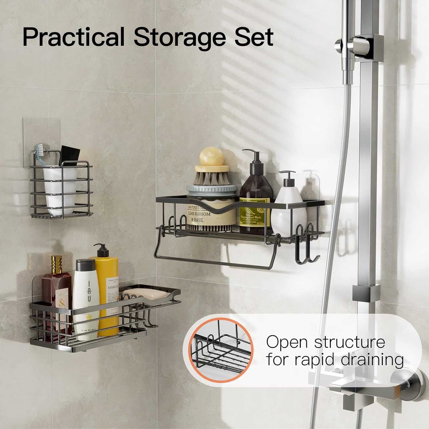 No Drill Shower Caddy Set - SUS304 Stainless Steel Wall Mount | 3 Piece