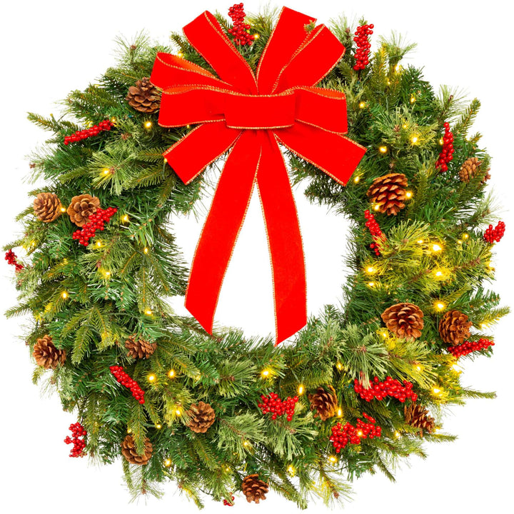 24 Inch Christmas Wreath | Pre-Lit Battery Powered Wreath w/ 70 LED Lights & Ribbons