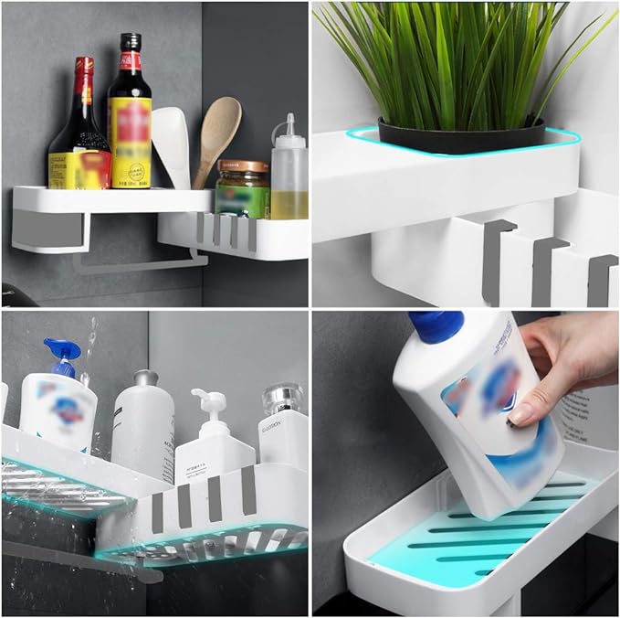 Self Adhesive Rotating Shower Shelf with 4 Hooks - No Drill Bathroom Organizer | White