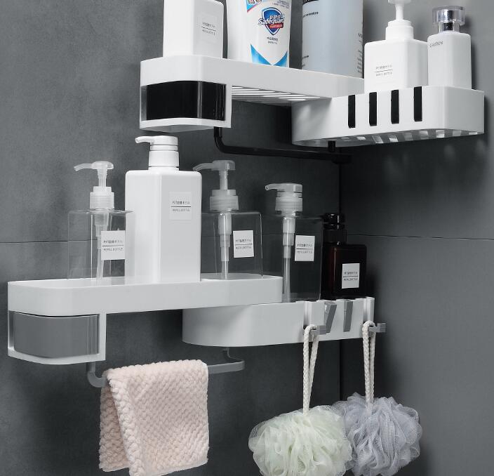 Self Adhesive Rotating Shower Shelf with 4 Hooks - No Drill Bathroom Organizer | White