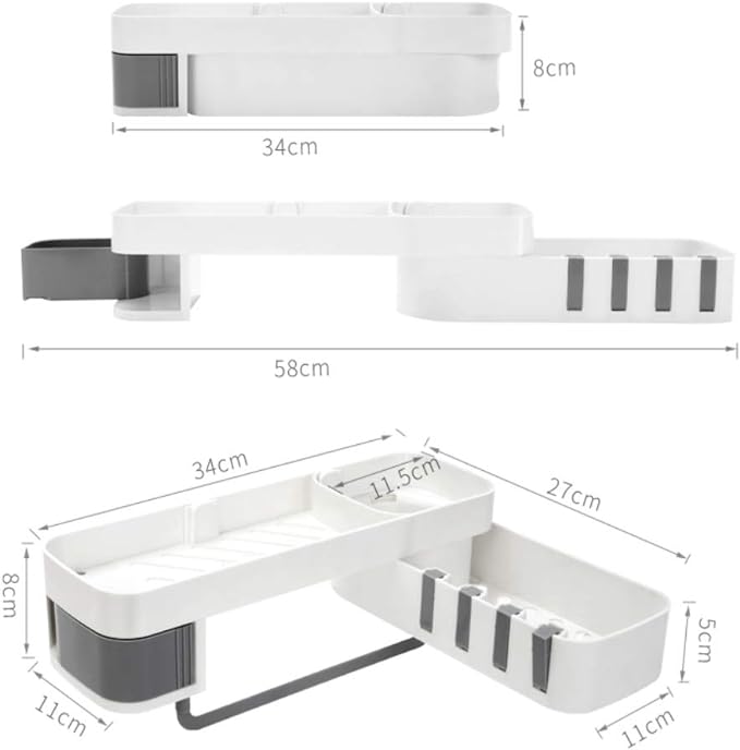 Self Adhesive Rotating Shower Shelf with 4 Hooks - No Drill Bathroom Organizer | White