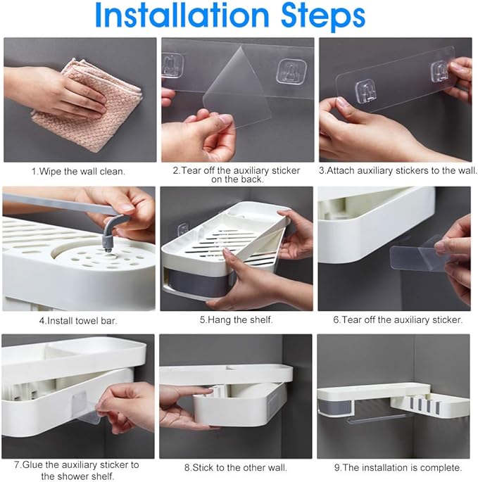 Self Adhesive Rotating Shower Shelf with 4 Hooks - No Drill Bathroom Organizer | White