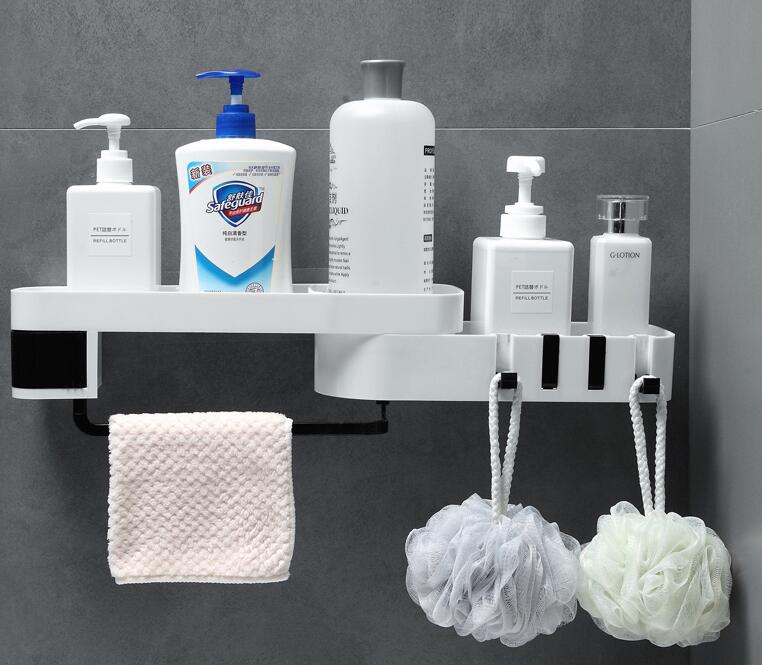 Self Adhesive Rotating Shower Shelf with 4 Hooks - No Drill Bathroom Organizer | White