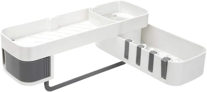 Self Adhesive Rotating Shower Shelf with 4 Hooks - No Drill Bathroom Organizer | White
