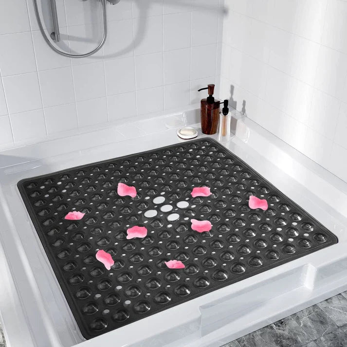 Non Slip Square Shower Tub Mat With Drain Hole - Black