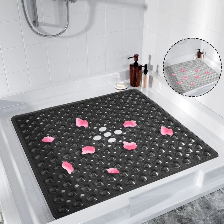 Non Slip Square Shower Tub Mat With Drain Hole - Black