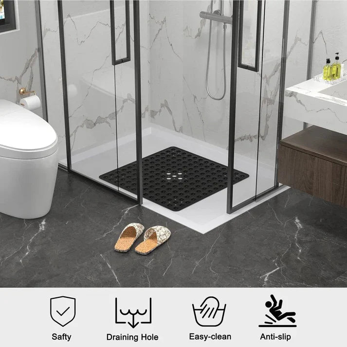 Non Slip Square Shower Tub Mat With Drain Hole - Black