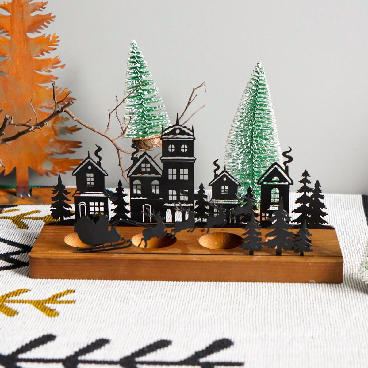 Wrought Iron Candle Holder Christmas Tree Candle Stick Wooden Base