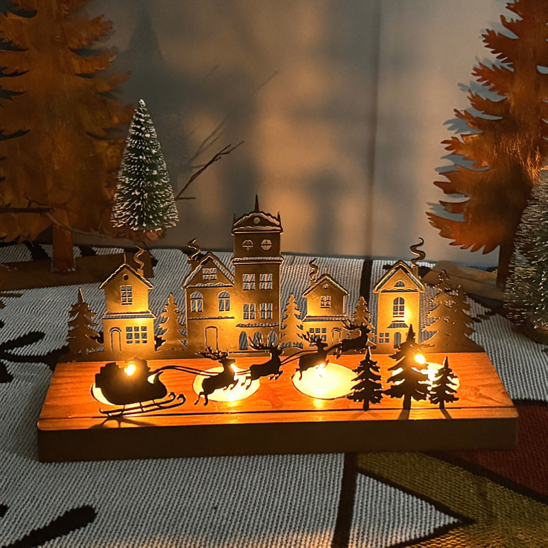 Wrought Iron Candle Holder Christmas Tree Candle Stick Wooden Base
