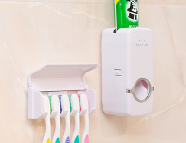 Wall Mounted Toothpaste Dispenser with 5 pcs Toothbrush Holder